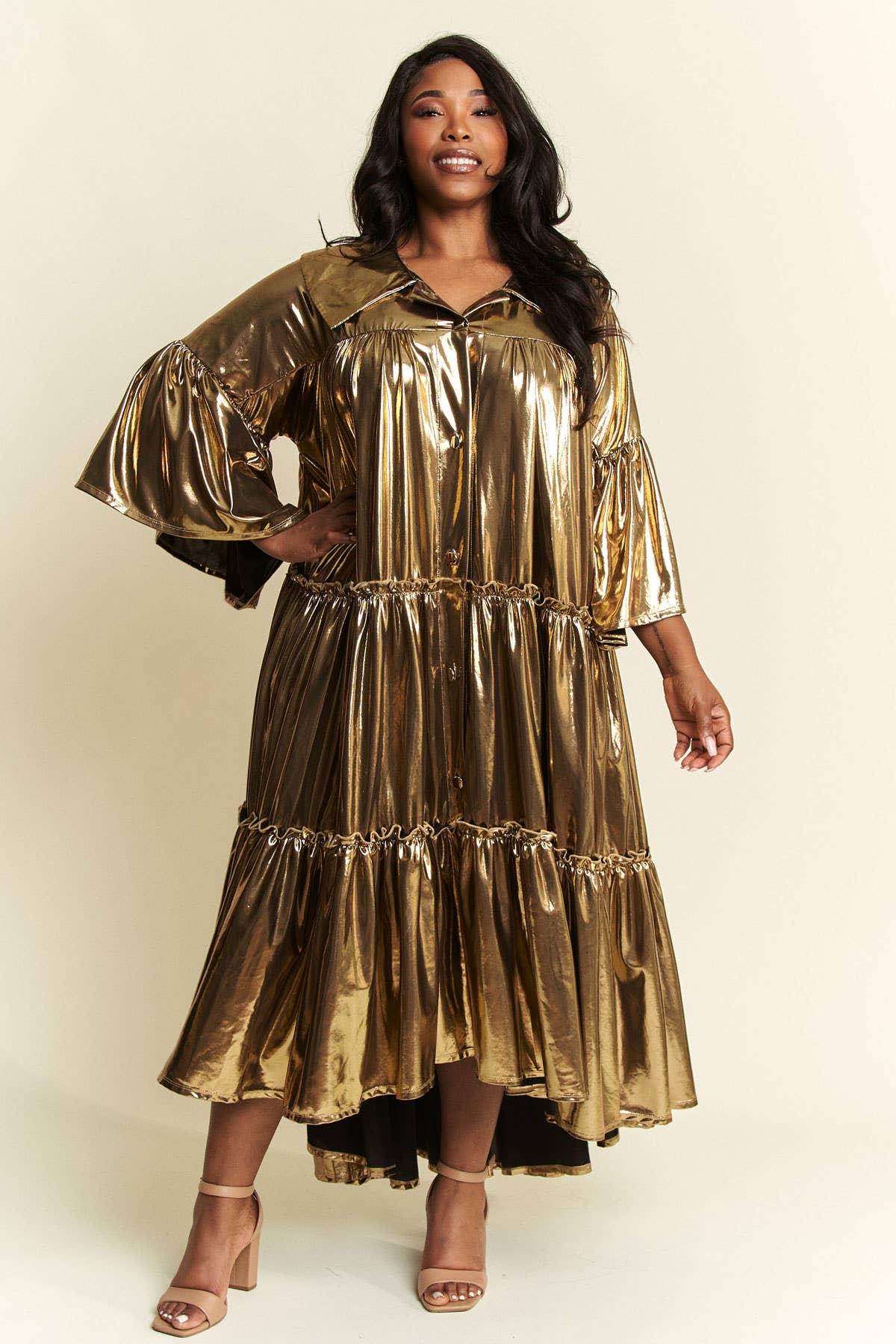 Namatt Design - Vente Robe – femme - Robe évasée plissée métallisée à plusieurs niveaux à manches évasées10