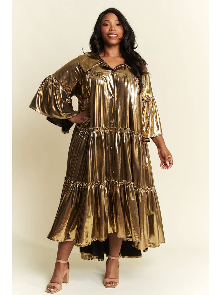 Namatt Design - Vente Robe – femme - Robe évasée plissée métallisée à plusieurs niveaux à manches évasées10