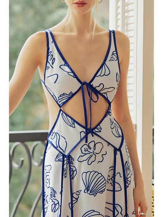 White Marine Organism Pattern Backless Plunge Maxi Dress for wholesale on Faire