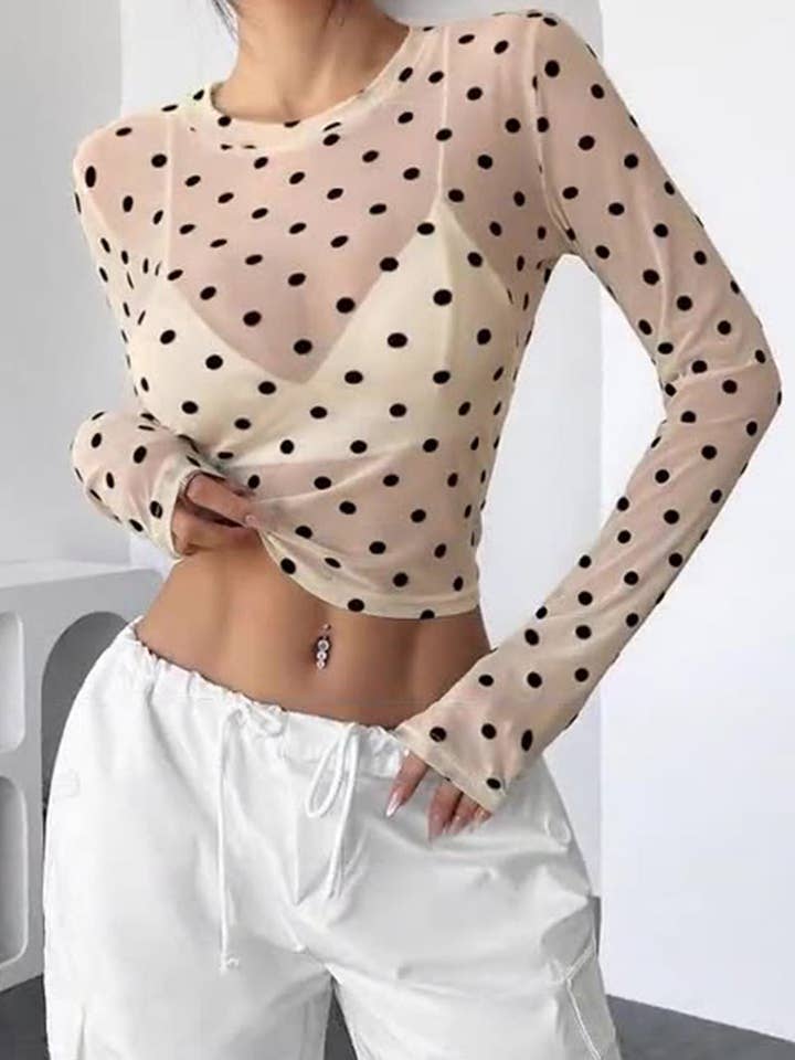 Lange mouw doorschijnende stippen top voor wholesale door Mccolin