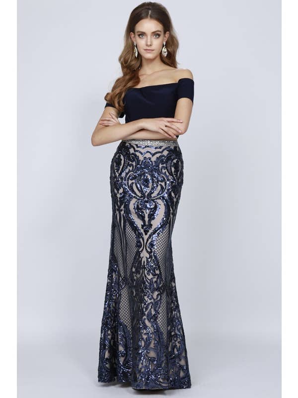 FITTED EMBELLISHED SCALLOP SEQUIN TWO PIECE-PROM DRESS for wholesale by Juliet