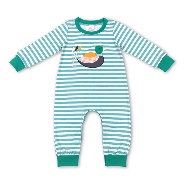 Yawoo Garments - Wholesale Jumpsuit - Baby - Green stripe duck long sleeves baby boy romper