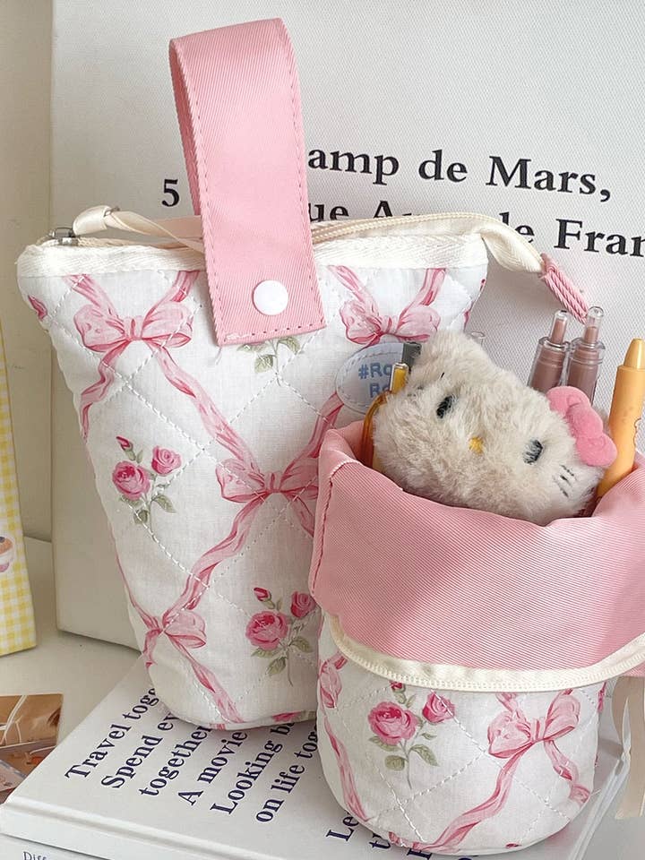 Quilted Bow Floral Fold Down Pencil Bag for wholesale by Juniper Tide