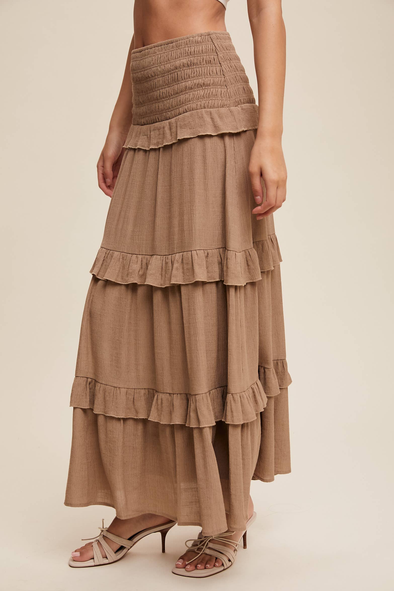 Listicle - Wholesale Skirt - Women's - 2-Way Smocked Ruffle Tiered Midi Dress or Skirt2