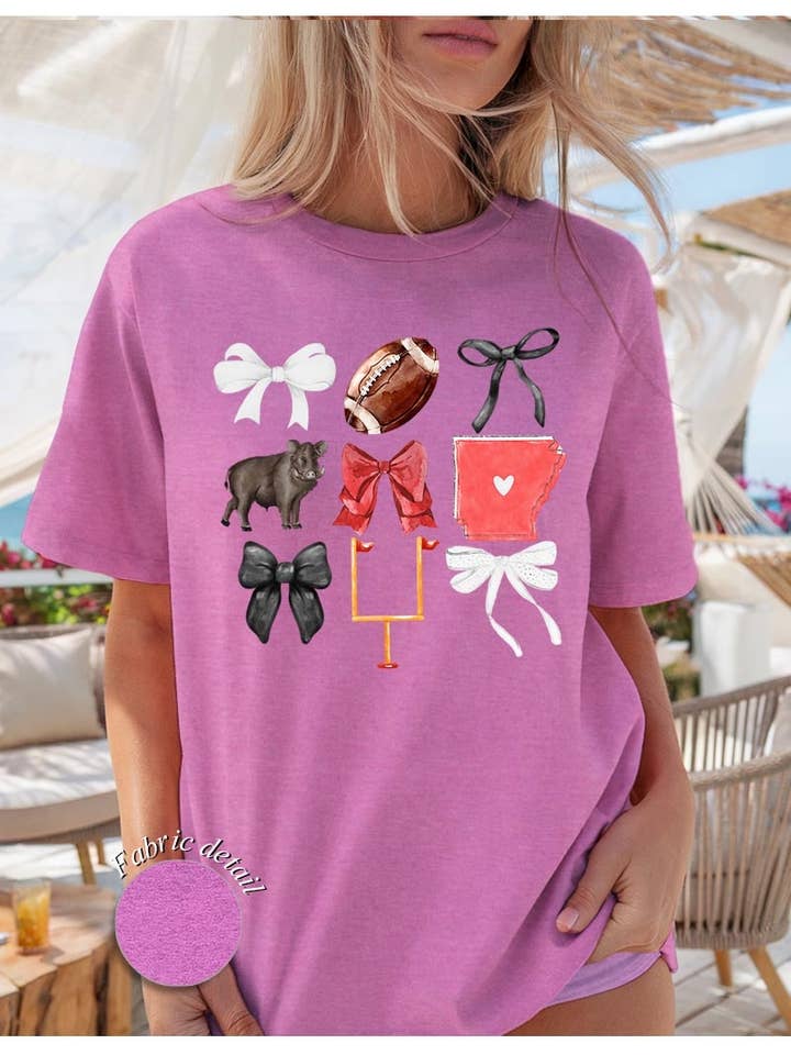 T-shirt de Algodão Pesado com Gráfico de Futebol do Arkansas por atacado de Pink Irene Wholesale