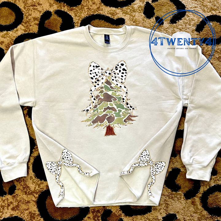 4Twenty4 Printed Apparel - Wholesale Sweatshirt - Women's - Coquette Camo Christmas Tree Sweatshirt with Side Bows