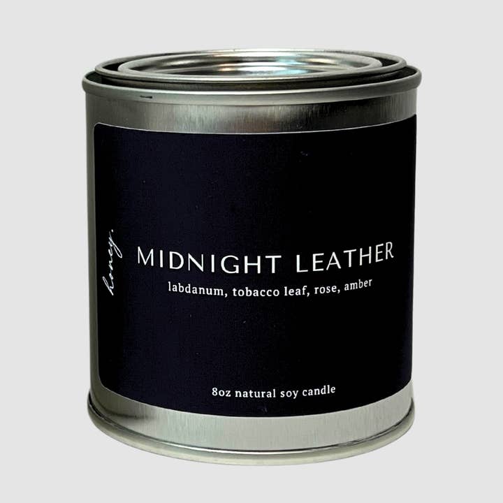 Midnight Leather | 8oz Wood Wick Soy Candle | Home Decor for wholesale by Honey Candle Studio