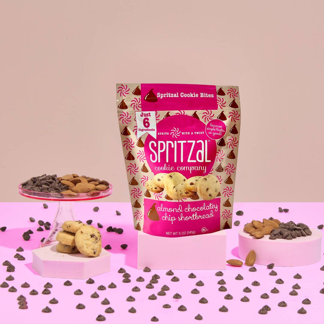 Spritzal Cookie Company - Wholesale Biscuit - Almond Chocolate Chip Shortbread Cookie Bites 5oz- Case of 8