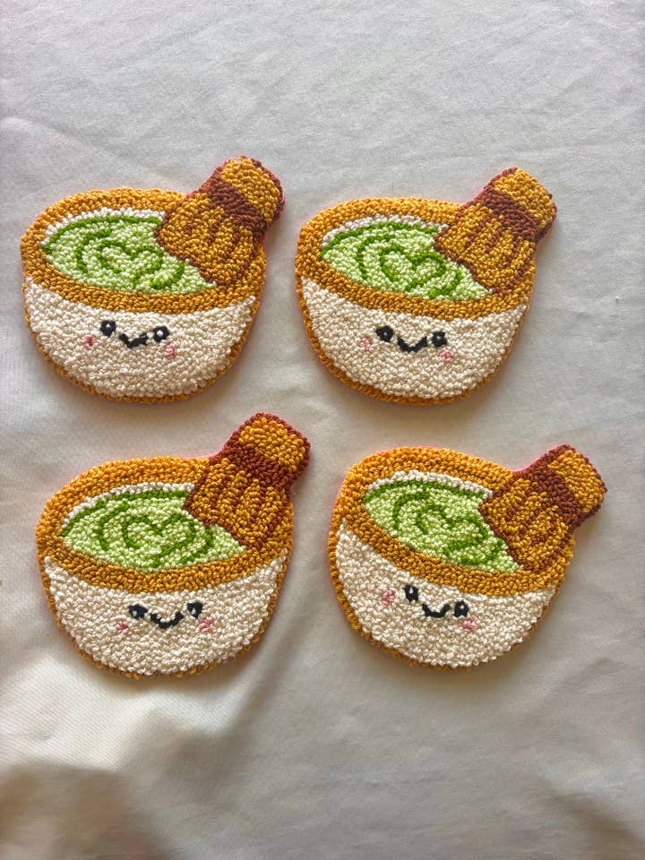 Handmade punch needle matcha latte mug rug coaster for wholesale by Honey Punches