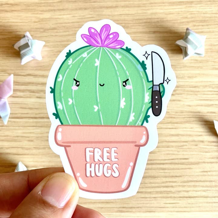 Free Hugs Cactus Sticker (waterproof) for wholesale by Jem and Cozy