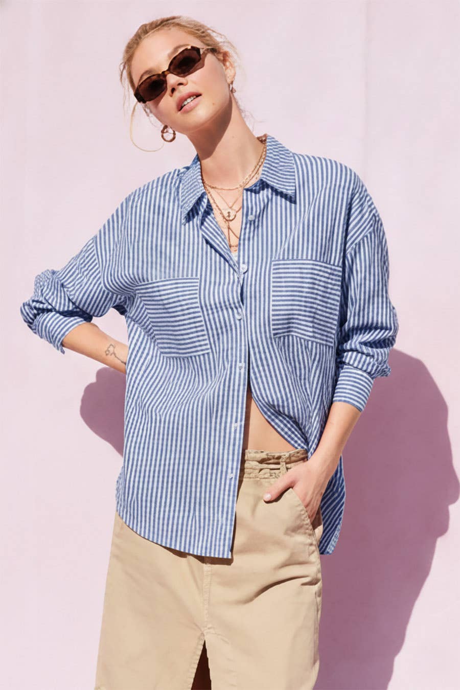 ILLA ILLA - Wholesale Button Down Shirt - Women's - Striped Cotton Shirt Top44