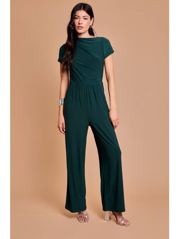 Hunter Green Cowl Tunic Neck Short Slevee Jumpsuit for wholesale on Faire