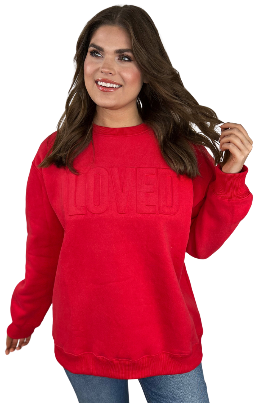 Red Loved Embossed Sweatshirt for wholesale on Faire0