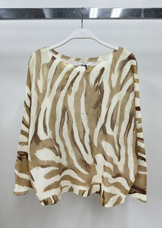 VENTI6 - Vente Pull en maille – femme - PULL EN MAILLE AVEC IMPRIMÉ TIGRE EN FEUILLE D'OR (90668-9066-FOILTIGER)0