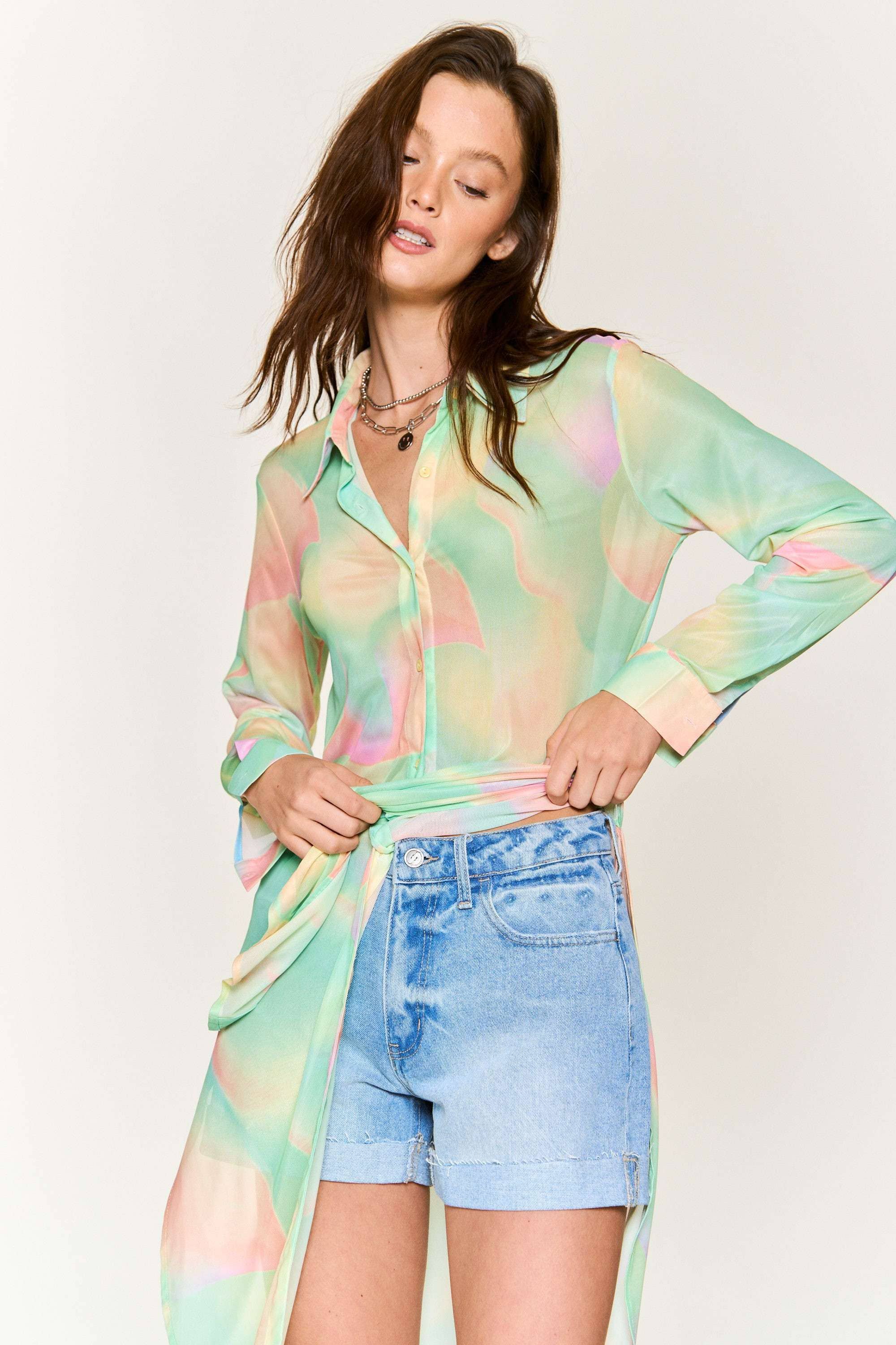 Hers & Mine - Wholesale Button Down Shirt - Women's - MESH TIE DYE BUTTON DOWN TUNIC SHIRT11