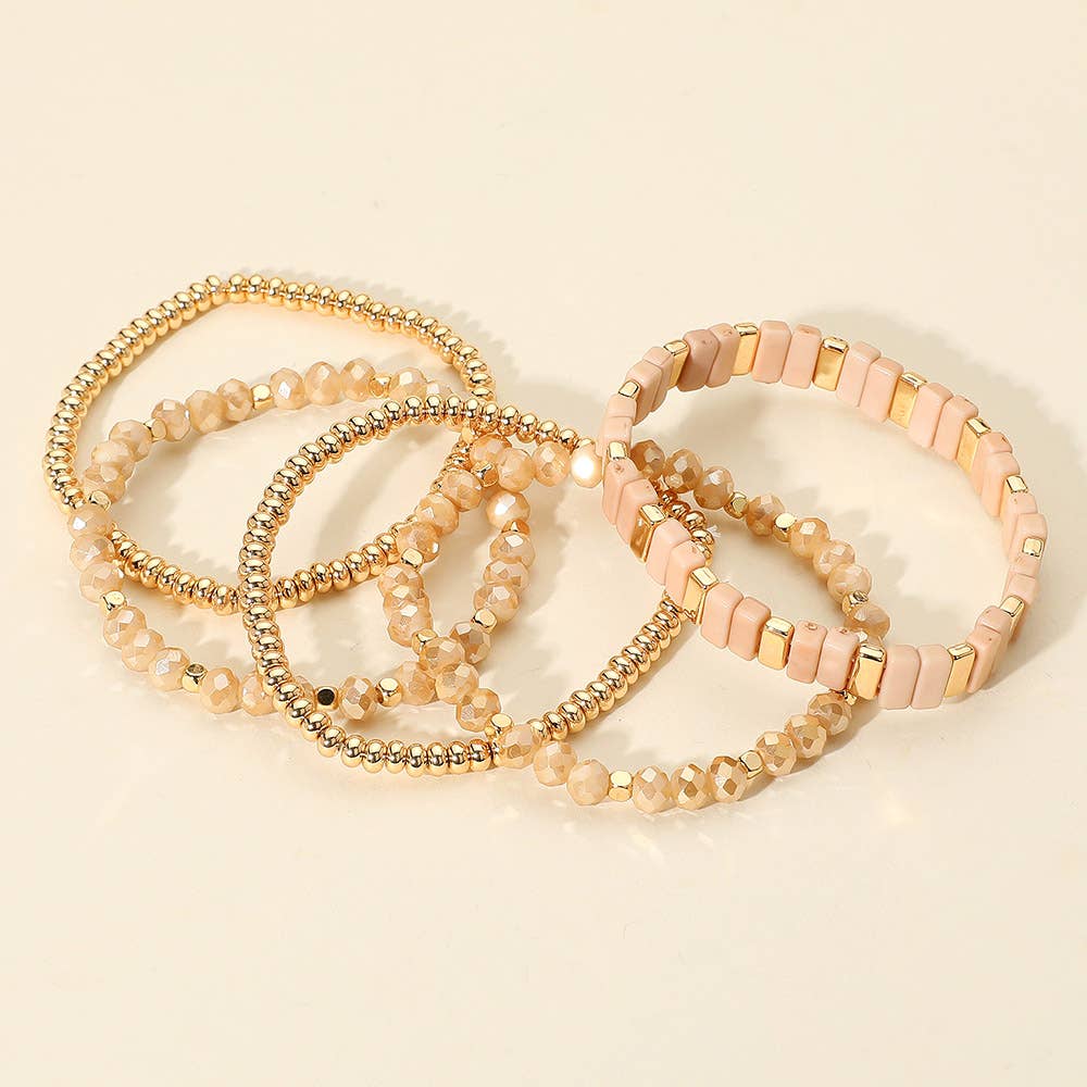 Sensibling Corp. - Wholesale Jewelry Set - 5PCS - Mixed Shape Textured Beaded Stretch Multi Layered Bracelets5