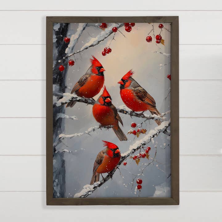 Four Cardinals - Red Bird Canvas Wall Art - Wood Framed Art for wholesale by Hangout Home