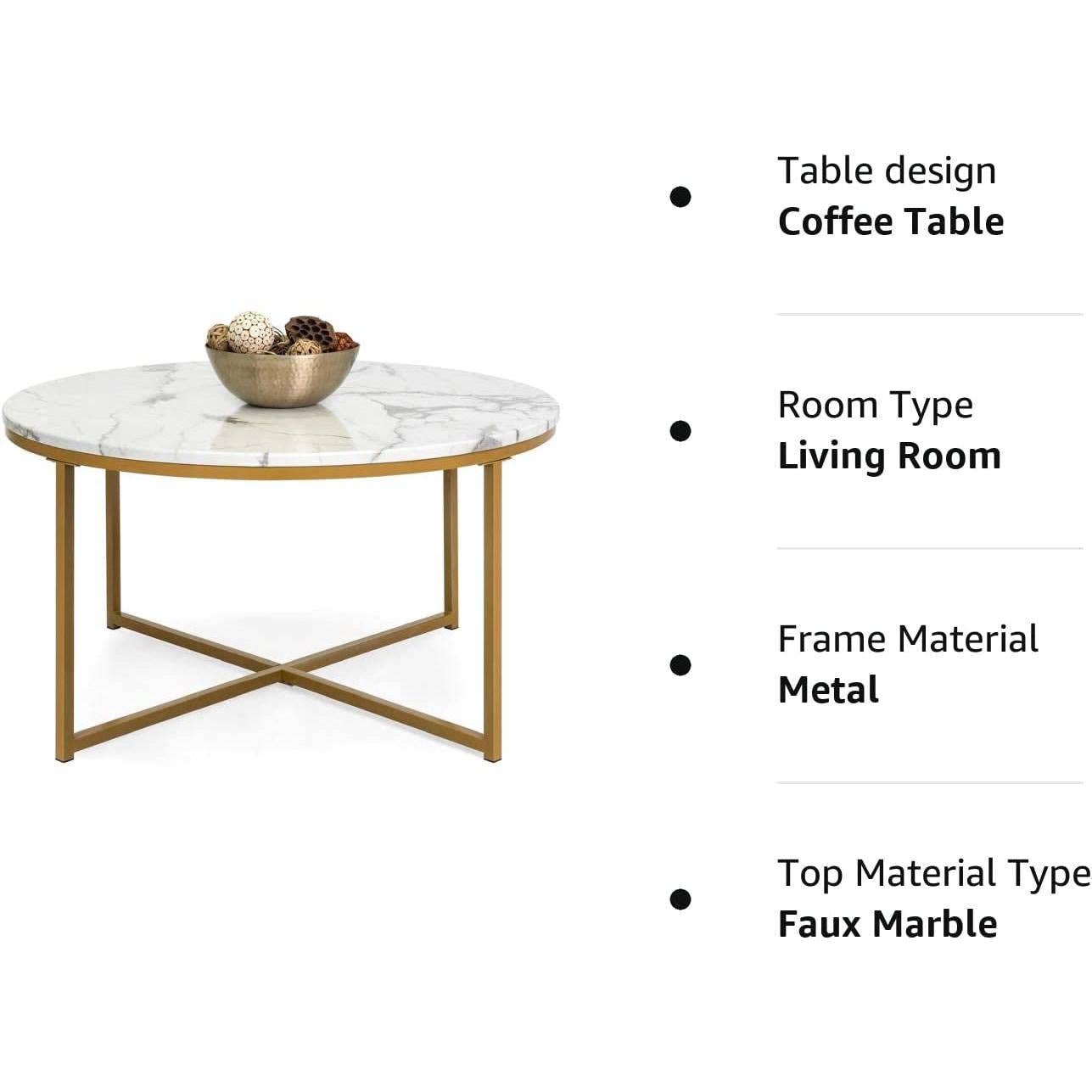 Gold Round Coffee Table With Faux Marble Top Cross Leg Design for wholesale on Faire7