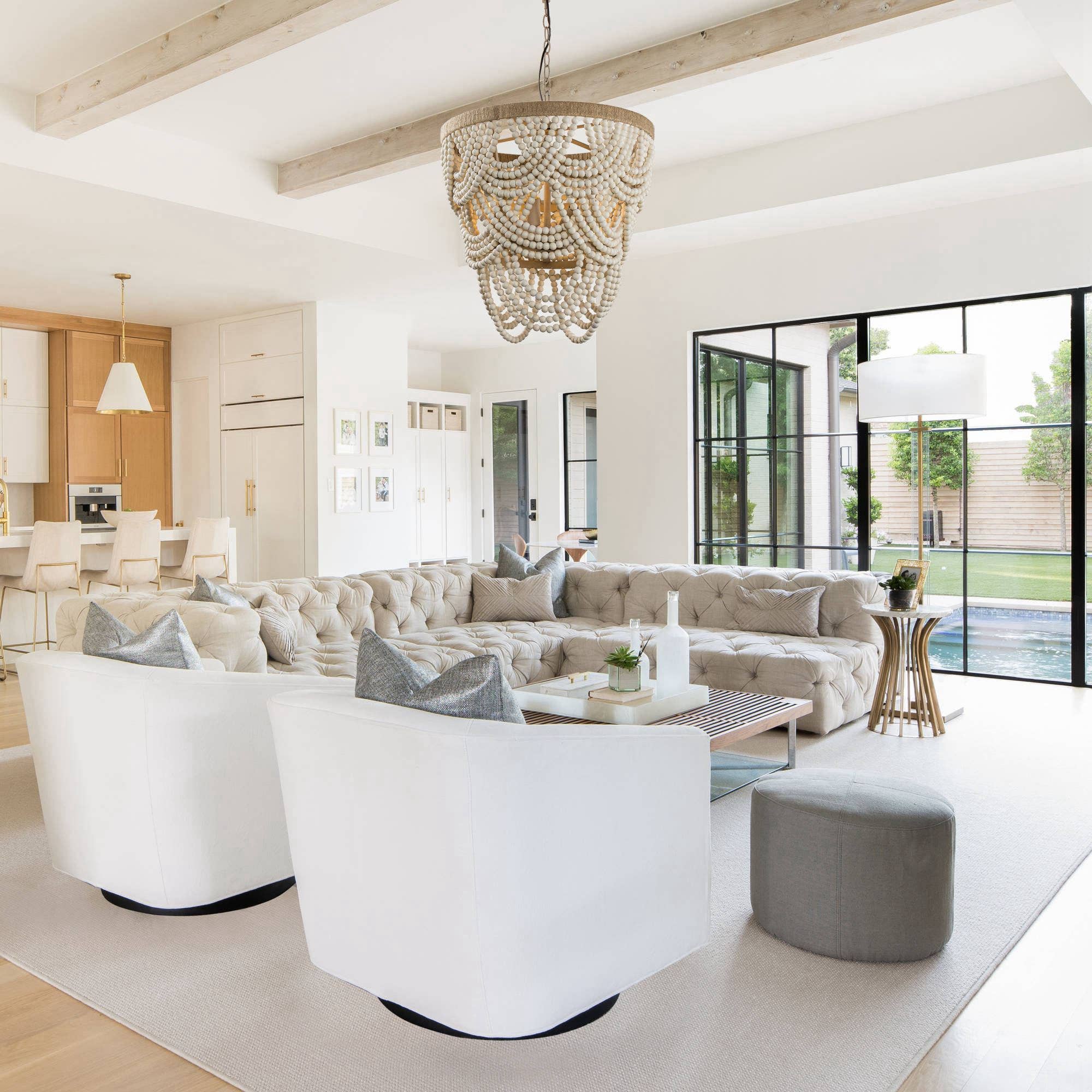 Off White Lusteria 20" Wood Bead 4-Light Tiered Coastal Chandelier for wholesale on Faire4