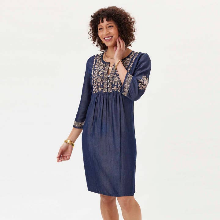 rockflowerpaper - Wholesale Dress - Women's - DENIM TENCEL Dress with Tan Embroidery