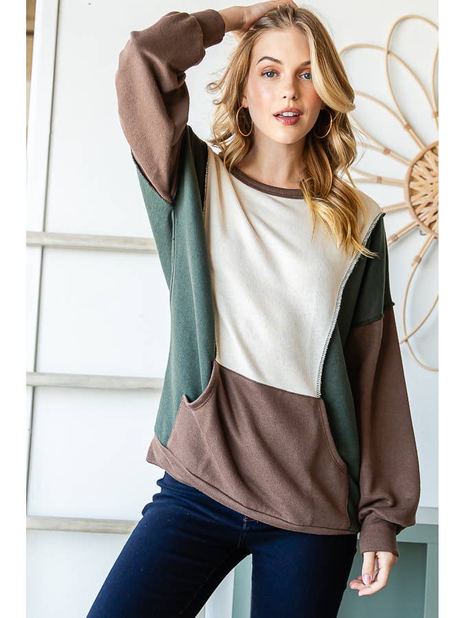 7th Ray - Wholesale Knit Top - Women's - Color Block Front Pocket Oversized Long Sleeve Top T534515