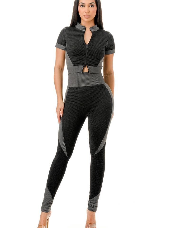 2 Pcs Waffle Zip up Jacket and Legging Set for wholesale by Lime All the Time