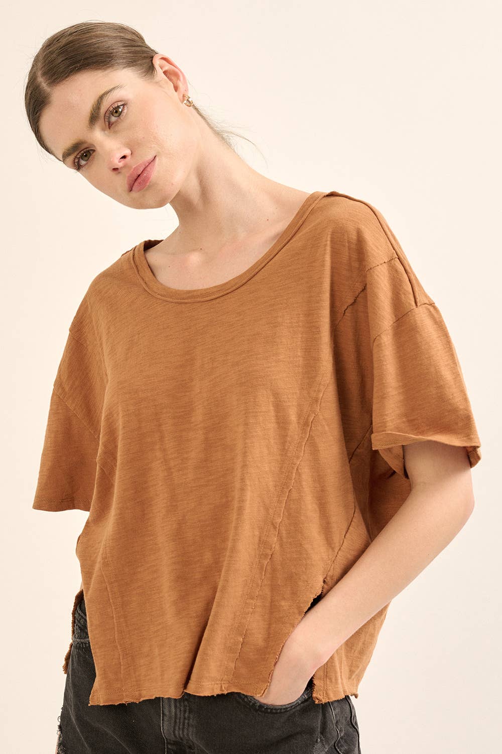 Promesa USA – Engroshandel Strikket top - Dame – Easy Fit Mineral-Wash Udsat Søm Slub Strik Tee22