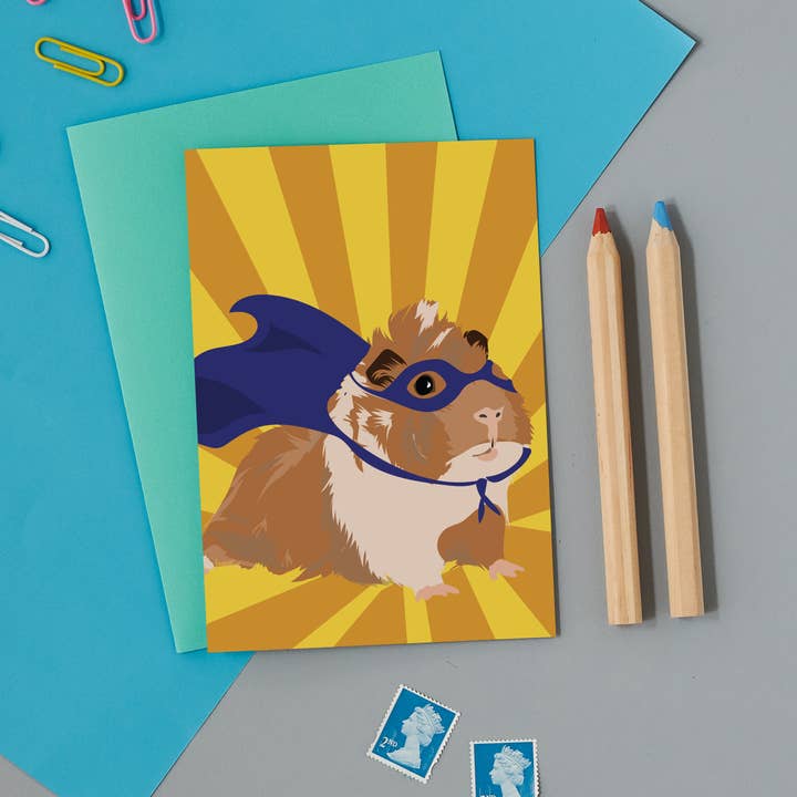 Tarjeta de felicitación de conejillo de indias superhéroe para venta al por mayor de Lorna Syson