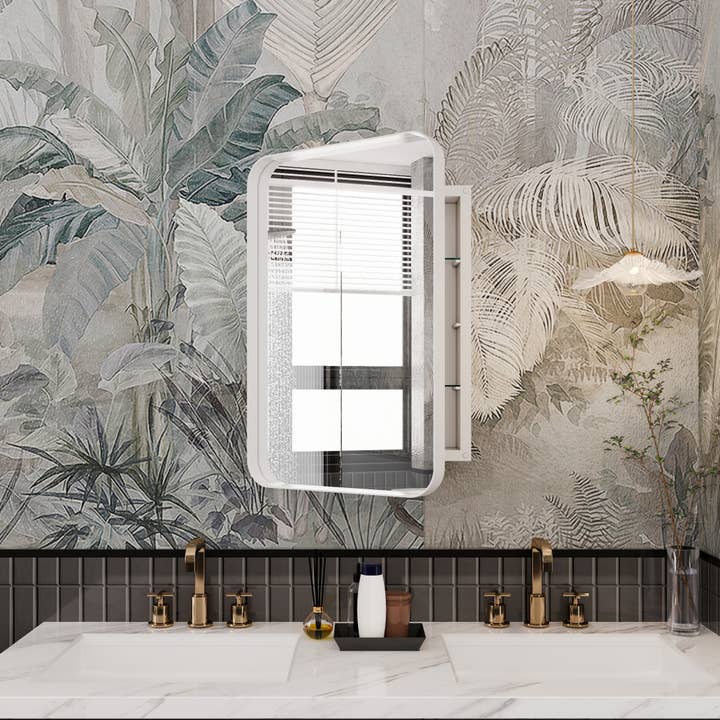 White Recessed Metal Medicine Cabinet with Mirror and Shelves for wholesale on Faire