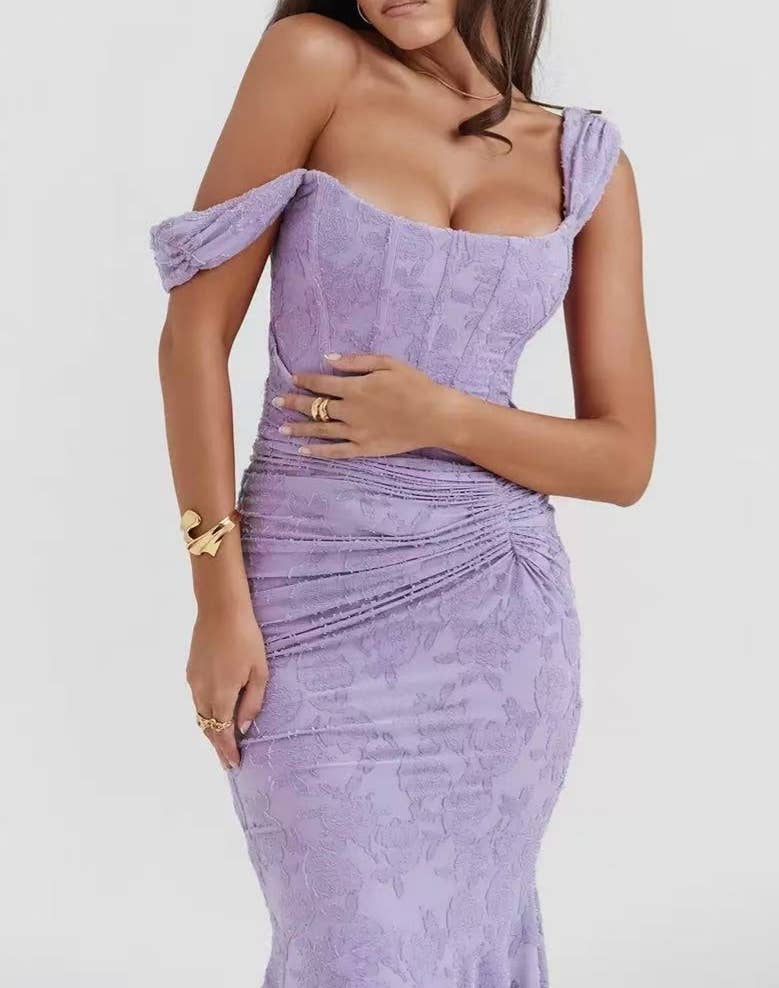 Rosa Clothing - Wholesale Dress - Women's - Ruffled lace slip floral jacquard maxi mermaid dress16