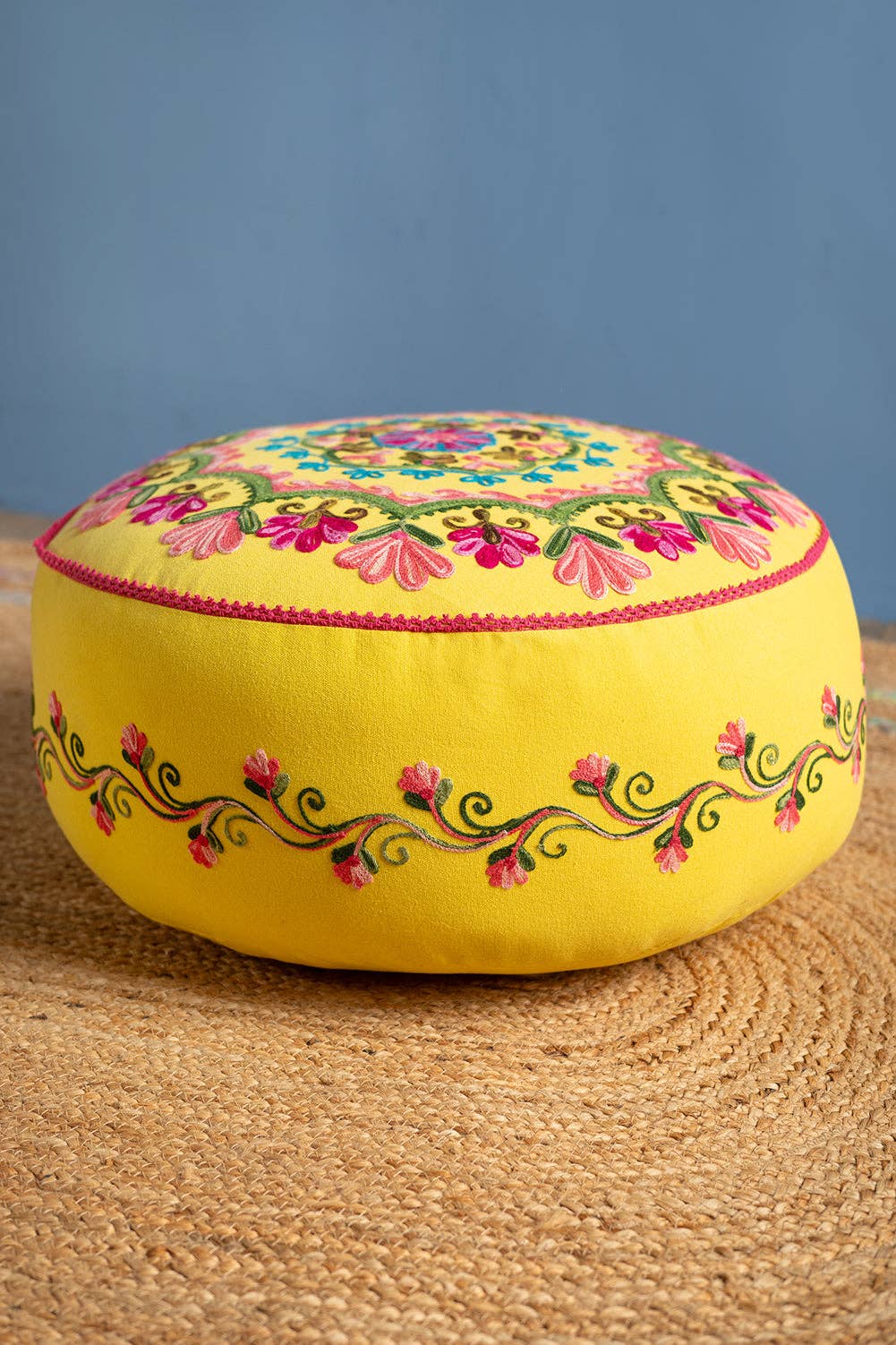 Ian Snow Ltd - Wholesale Pouf - Floral on Yellow Embroidered Pouffe7