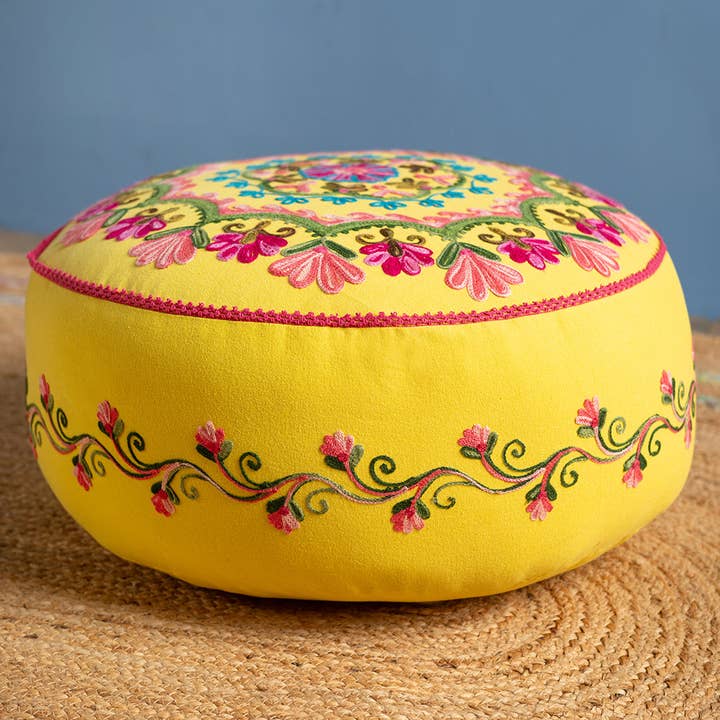 Ian Snow Ltd - Wholesale Pouf - Floral on Yellow Embroidered Pouffe7