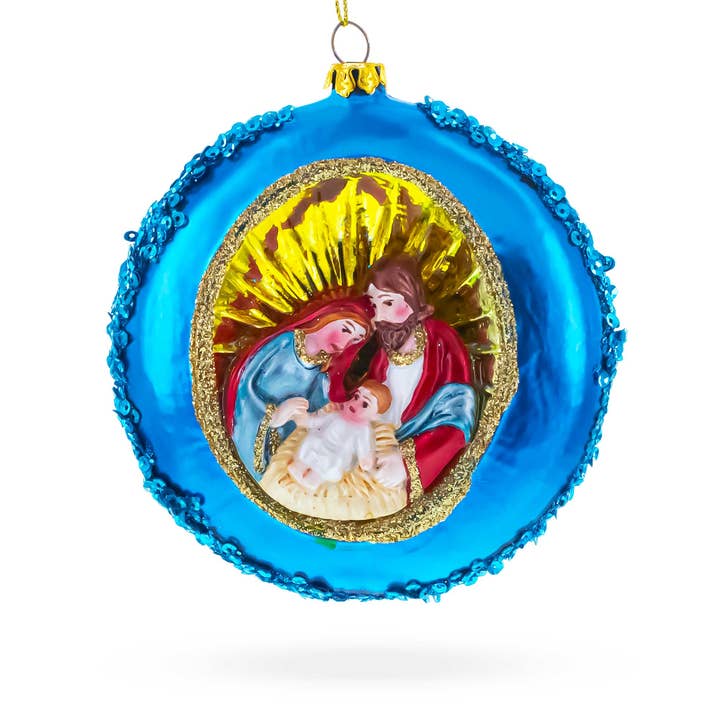 Sainte Famille sereine sur ornement en verre disque violet pour la vente par BestPysanky