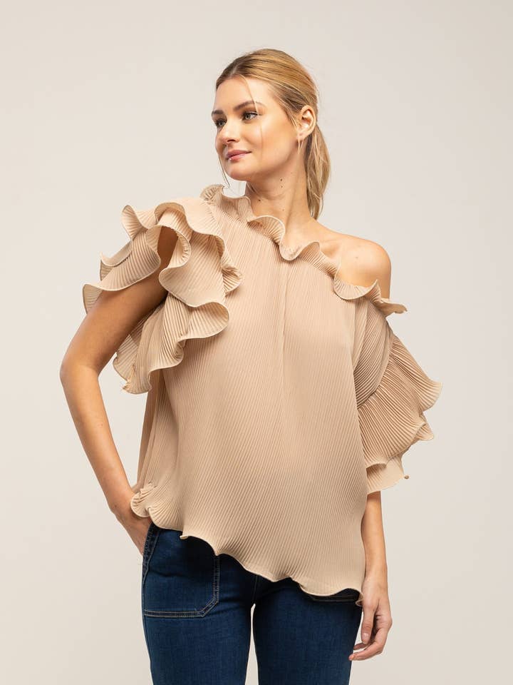 Pleated top with ruffles on the collar and sleeves for wholesale by Tantra