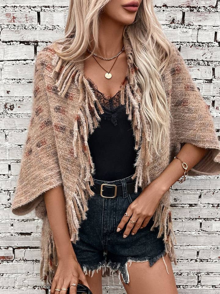 NINEXIS - Wholesale Outerwear Poncho - Women's - CWOCAS0049_COLORFUL PLAID KNITTED FRINGED CAPE SHAWL