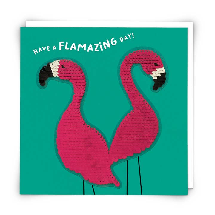 Biglietto di Auguri con Fenicottero e Toppa di Paillettes Riutilizzabile per la vendita all'ingrosso da parte di Redback Cards UK