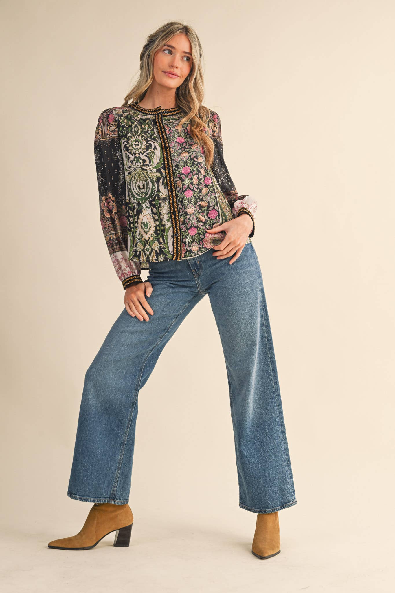 &MERCI - Wholesale Button Down Shirt - Women's - PATCHWORK PRINT CROCHET TRIM BUTTON DOWN TOP MTP438218