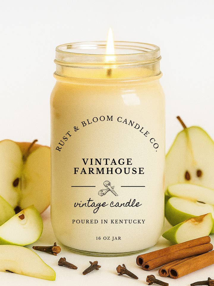 Vintage Farmhouse 16 Oz Soy Candle for wholesale by Rust & Bloom Candle Co