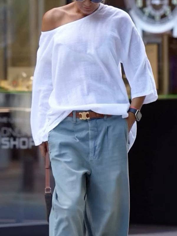 WHITE Long Sleeves Loose Solid Color One-Shoulder T-Shirts Tops for wholesale on Faire