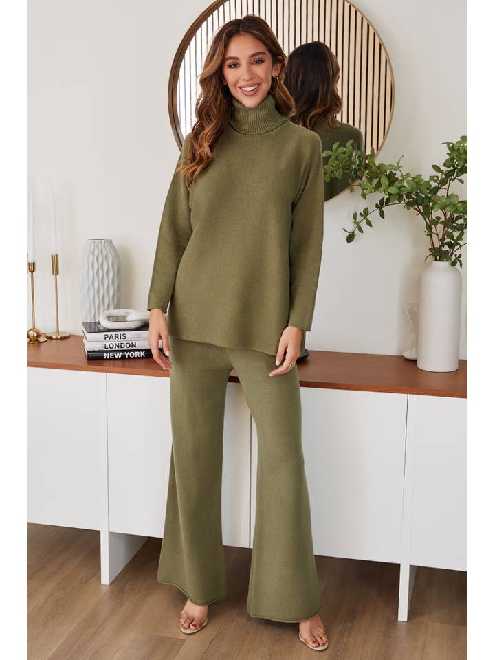 Army Green VISCOSE KNIT FLARED PANTS (27739/330106-ARMYGREEN) for wholesale on Faire3
