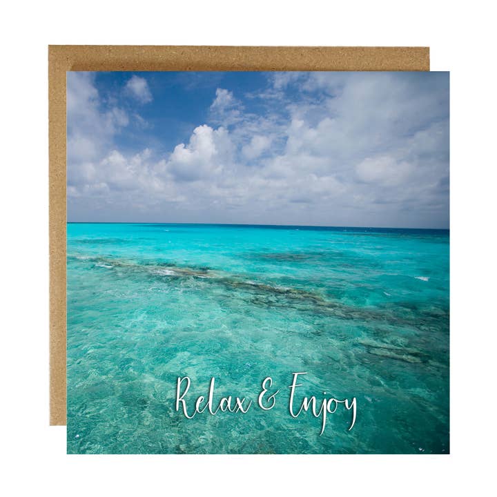 Biglietto di auguri con scena della spiaggia delle Maldive - biglietto di mare turchese per la vendita all'ingrosso da parte di Alex Sharp