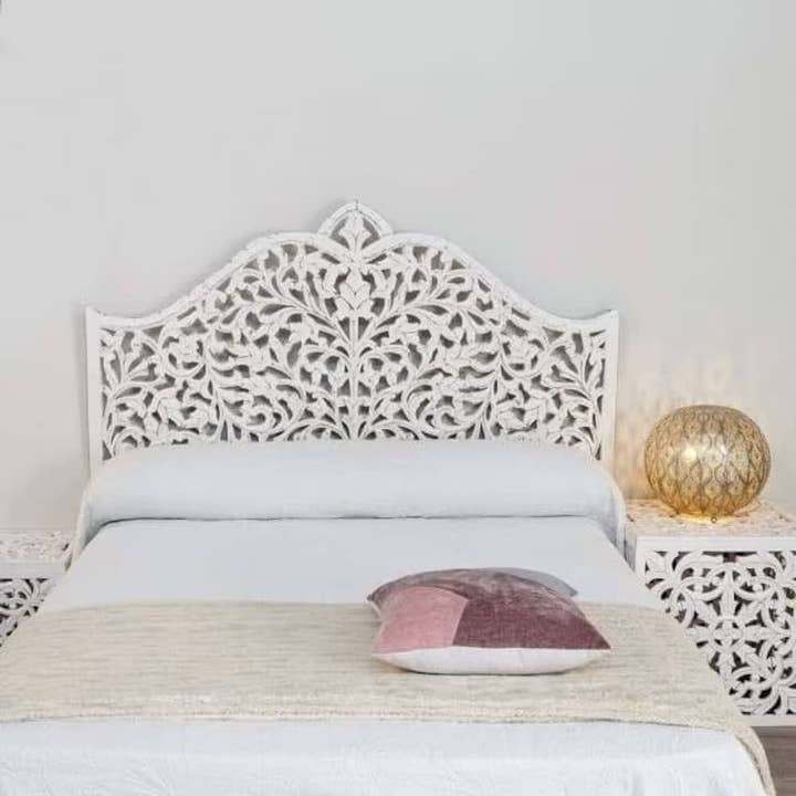 Luxurious Bohemian hand-carved white coastal king bed headboard for wholesale by Crafted Fashions