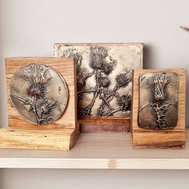 Wildflower Designs - Wholesale Plaque - Metallic Hand Cast Real Scottish Thistle Plaque, Solid Oak