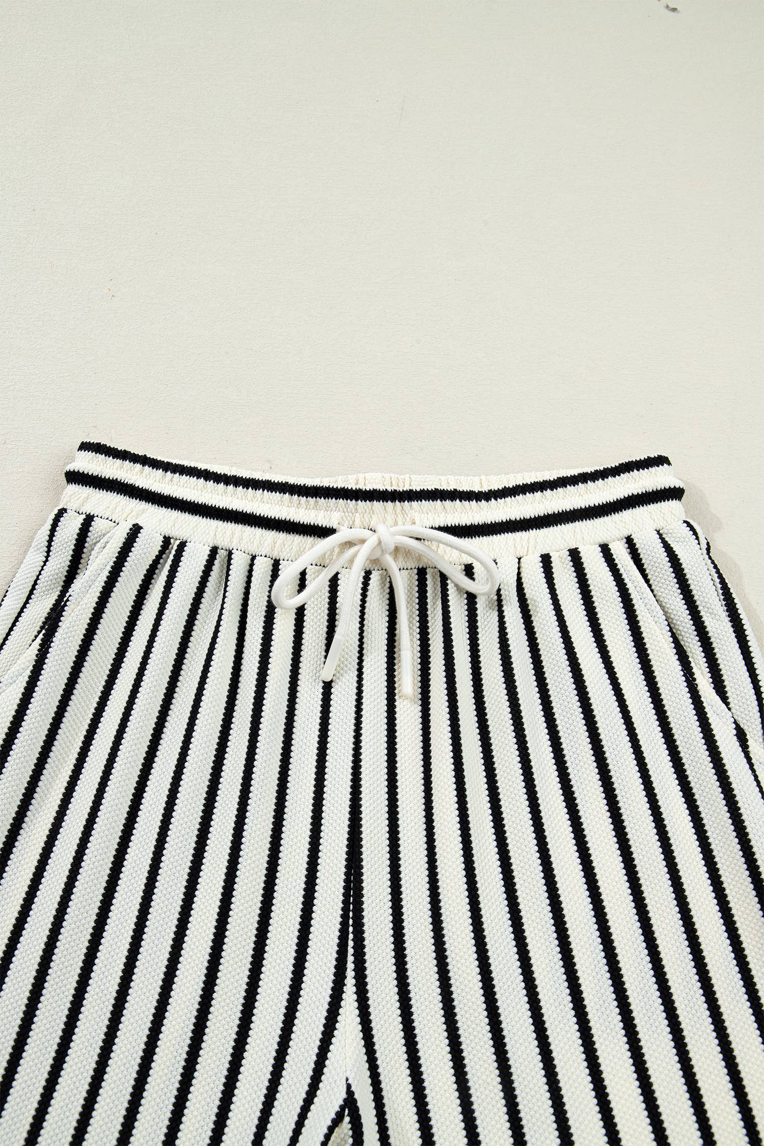 White Stripe Ruffle Trim Drop Shoulder Top Drawstring Loose Pant Set for wholesale on Faire5