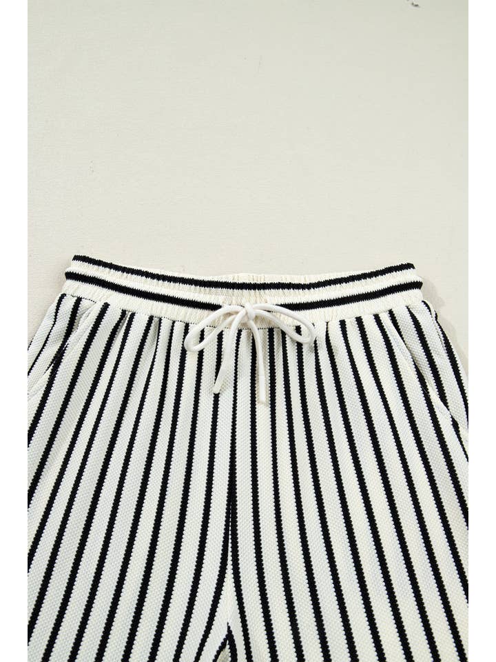White Stripe Ruffle Trim Drop Shoulder Top Drawstring Loose Pant Set for wholesale on Faire5