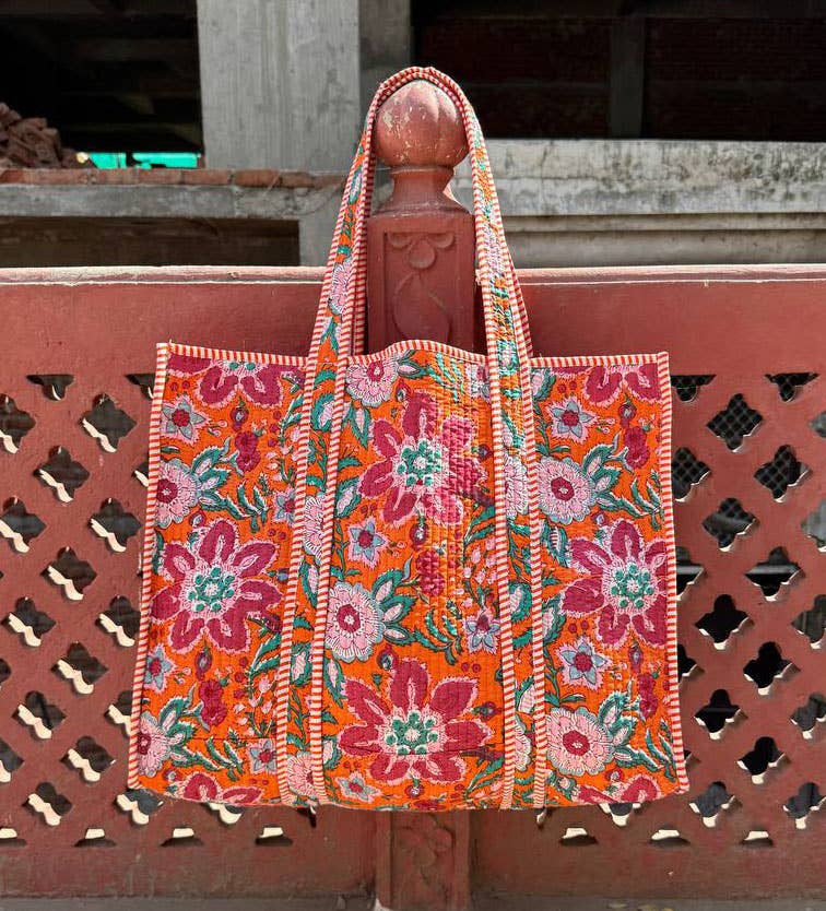 bhavnas boutique - Wholesale Tote Bag - Women's - Orange Cotton Floral Printed Quilted Market Bag Shopping Bag0