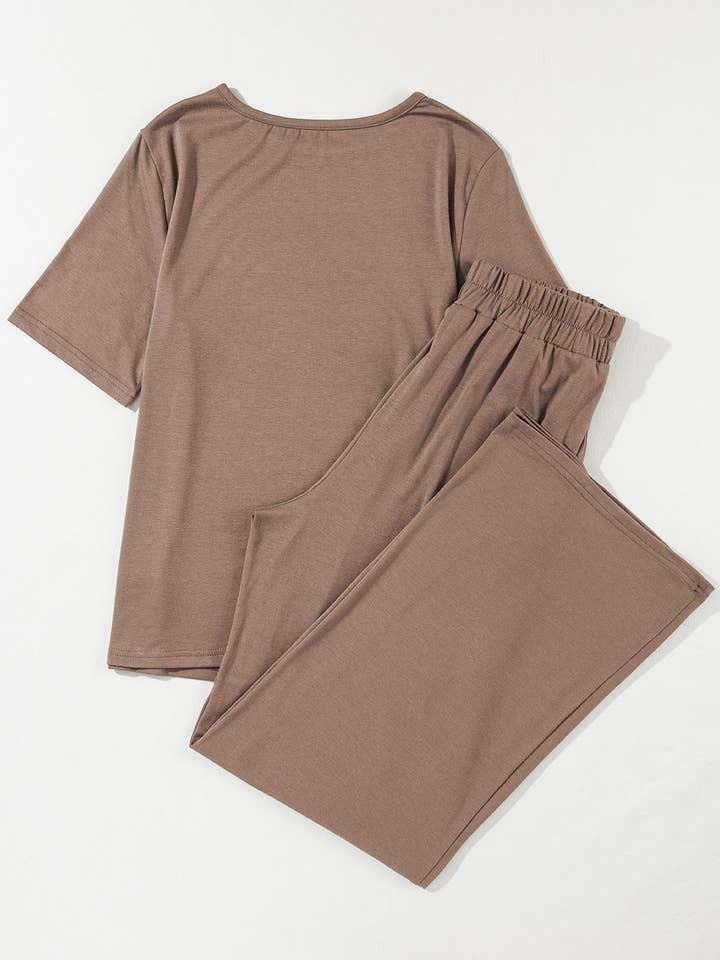 Smoke Gray Solid Color T Shirt 2pcs Wide Leg Pants Set for wholesale on Faire
