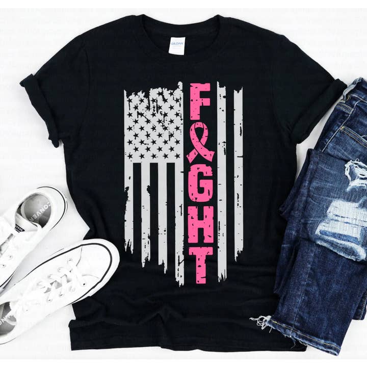 Fight American Flag Breast Cancer Tee for wholesale by Peach Closet