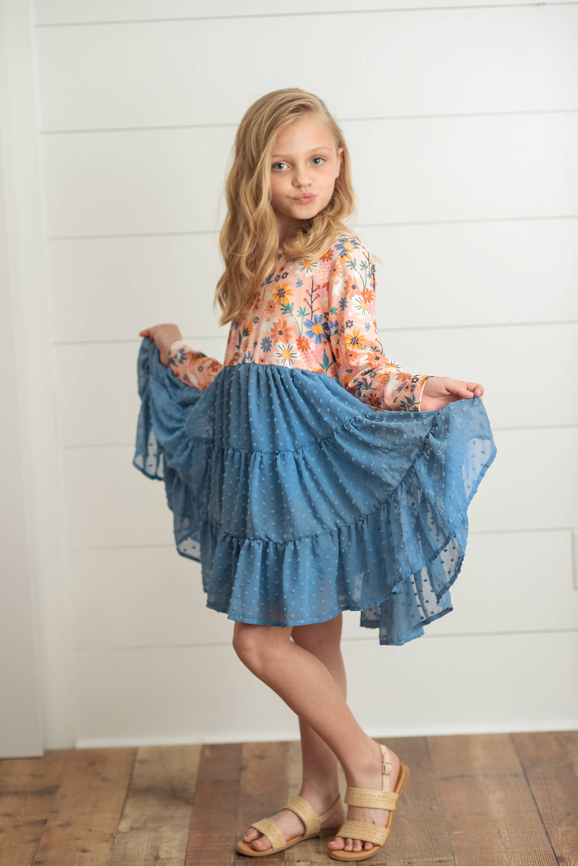 Adorable Sweetness - Wholesale Dress - Kids - Kids Dusty Blue Flower Print Swiss Dot Tulle Fall Dress 4