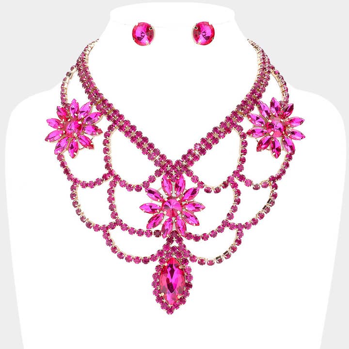 Sensibling Corp. - Wholesale Jewelry Set - Floral Marquise Stone Accented Draped Evening Necklace